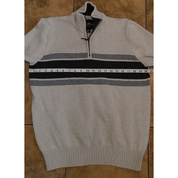 Eddie Bauer Sweater Mens M Navy Gray Striped Beige Cotton Quarter Zip Sweatshirt - Picture 4 of 8